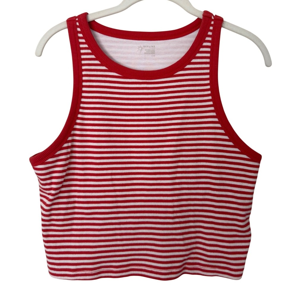 Offline by Aerie Red White Striped Ribbed High Neck Crop Tank Top Large